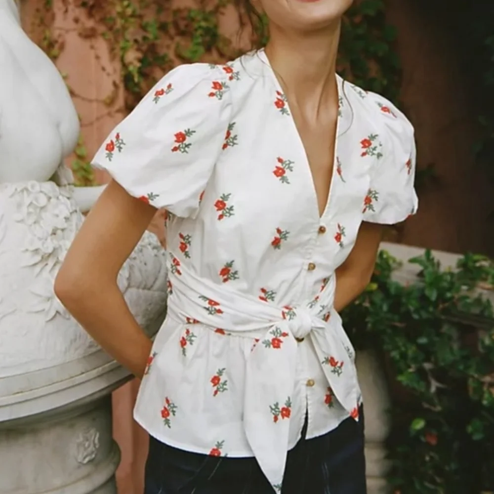 Anthtopologie Maeve Rosalie Embroidered Blouse White Poplin Cotton